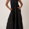 Women R2W DRESS | Black Slinky To Touch - Sleeveless Baby Doll Tiered V Neck Maxi Dress