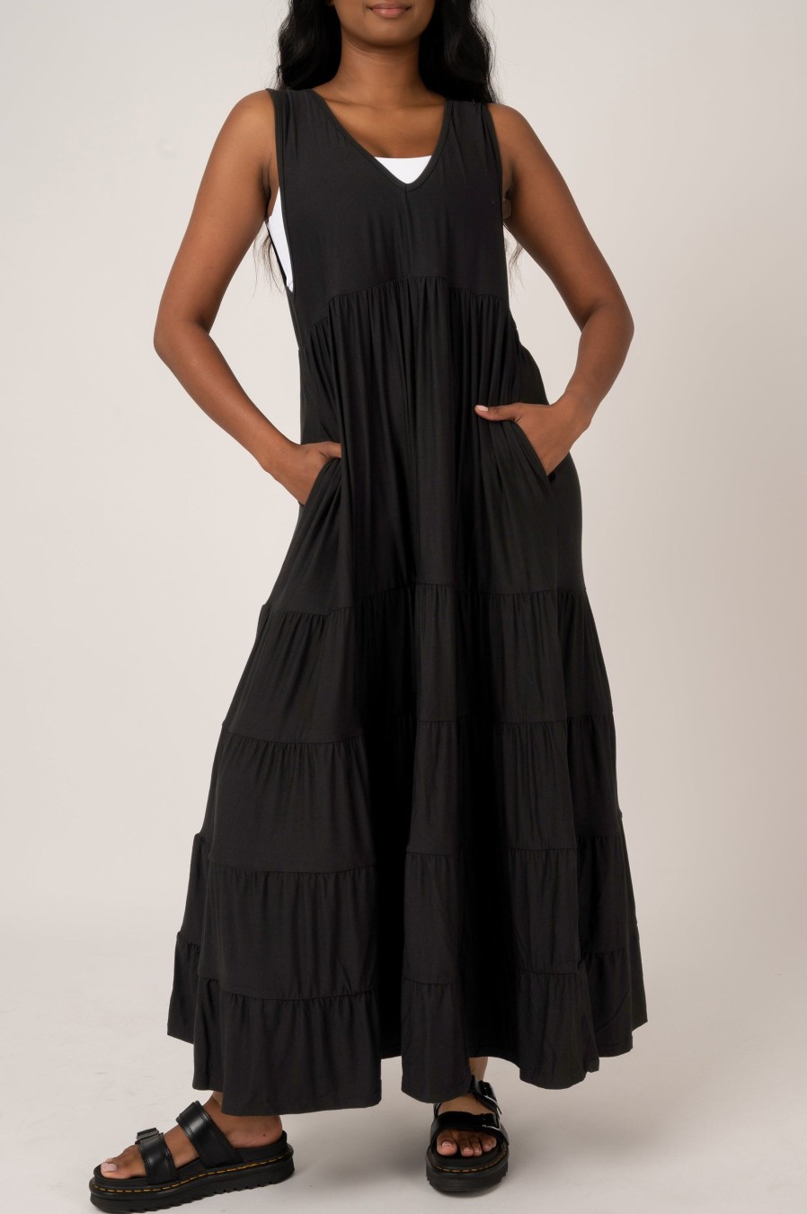 Women R2W DRESS | Black Slinky To Touch - Sleeveless Baby Doll Tiered V Neck Maxi Dress