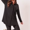 Women R2W BUTTON UP BOYFRIEND TEE | Black Slinky Silky - Long Sleeve Button Up Boyfriend Tee