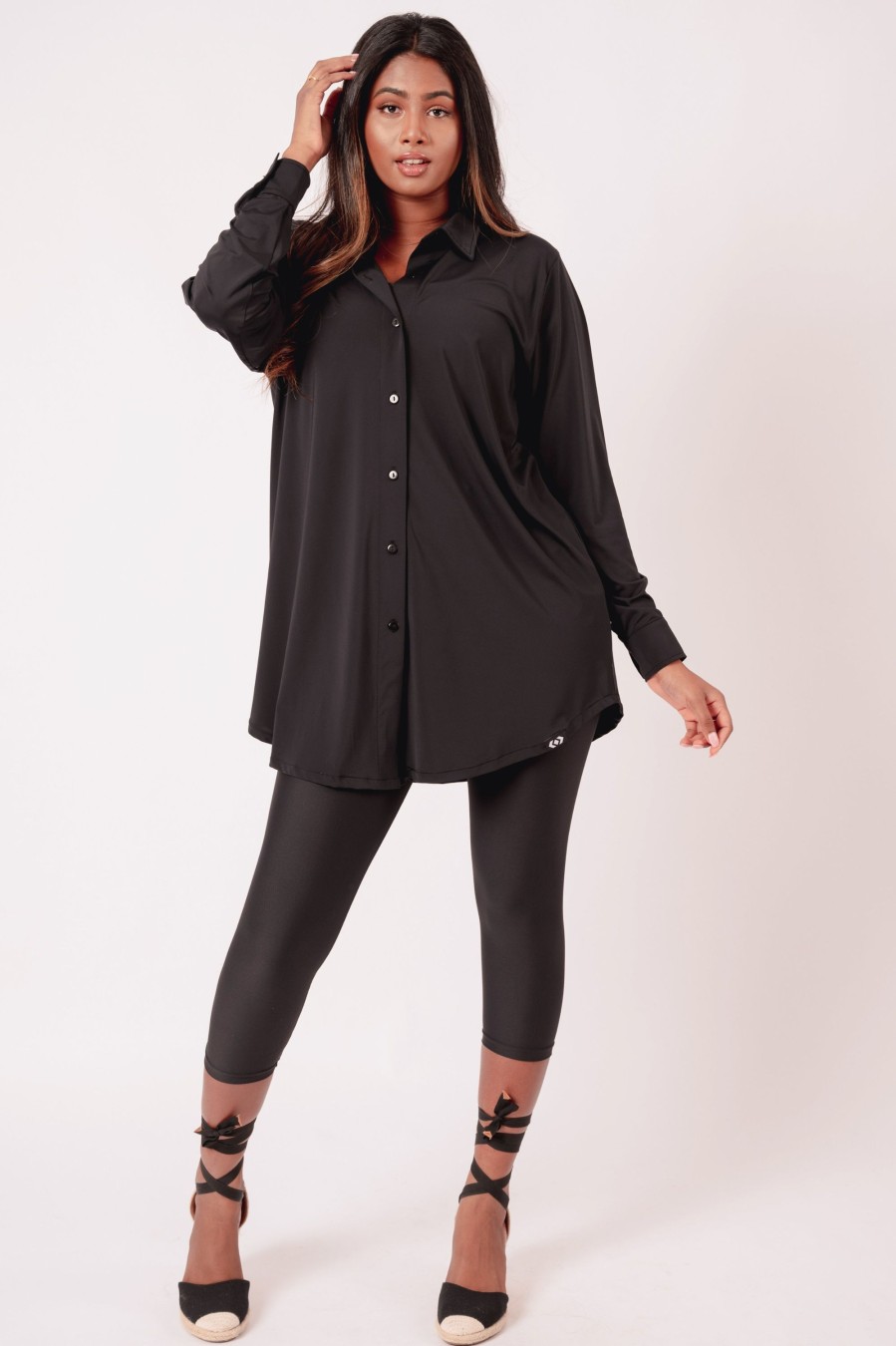 Women R2W BUTTON UP BOYFRIEND TEE | Black Slinky Silky - Long Sleeve Button Up Boyfriend Tee