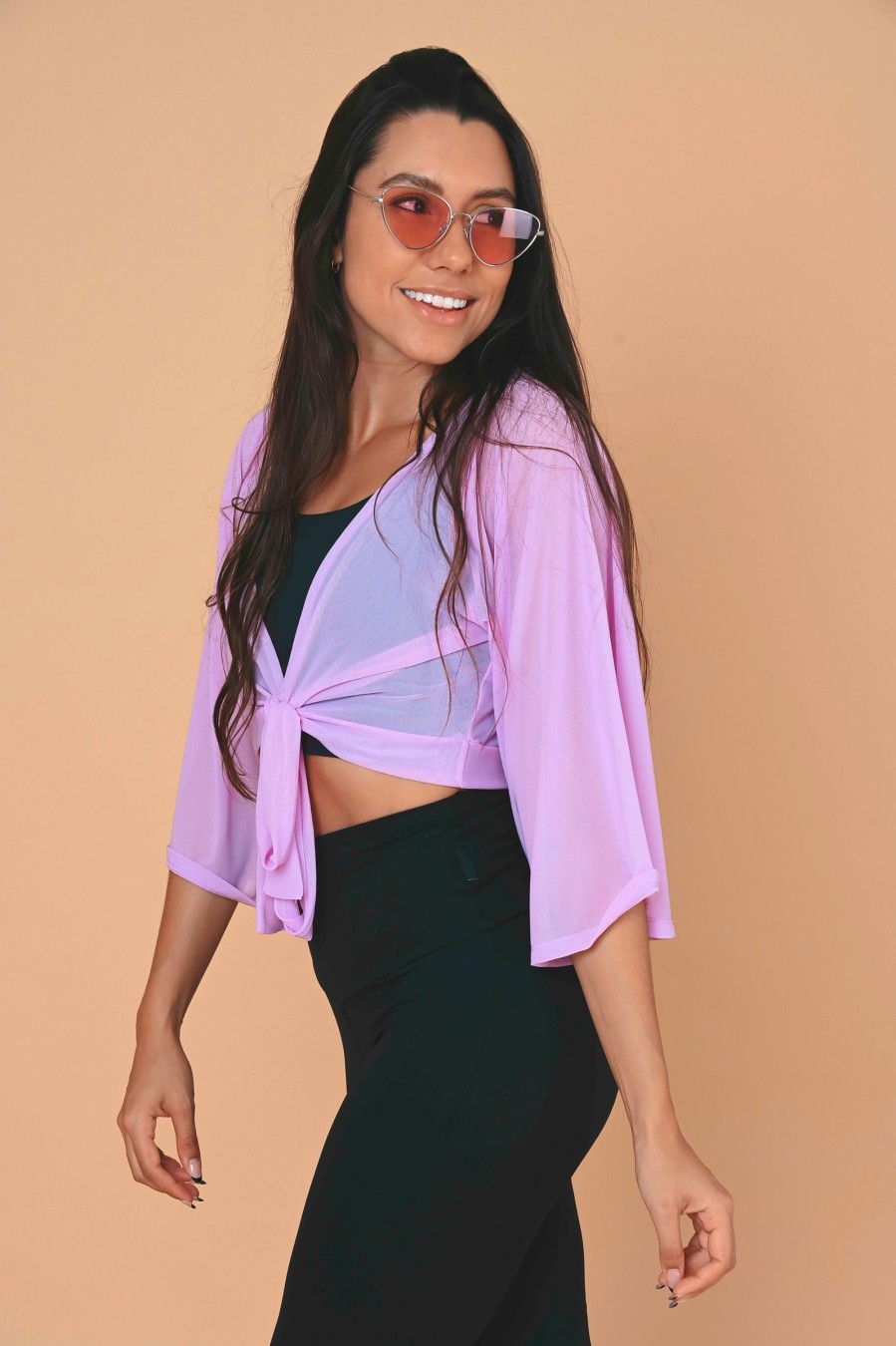 Women R2W BLOUSE | Pastel Purple Net - Reversible Wrap Blouse W/ Long Bell Sleeves