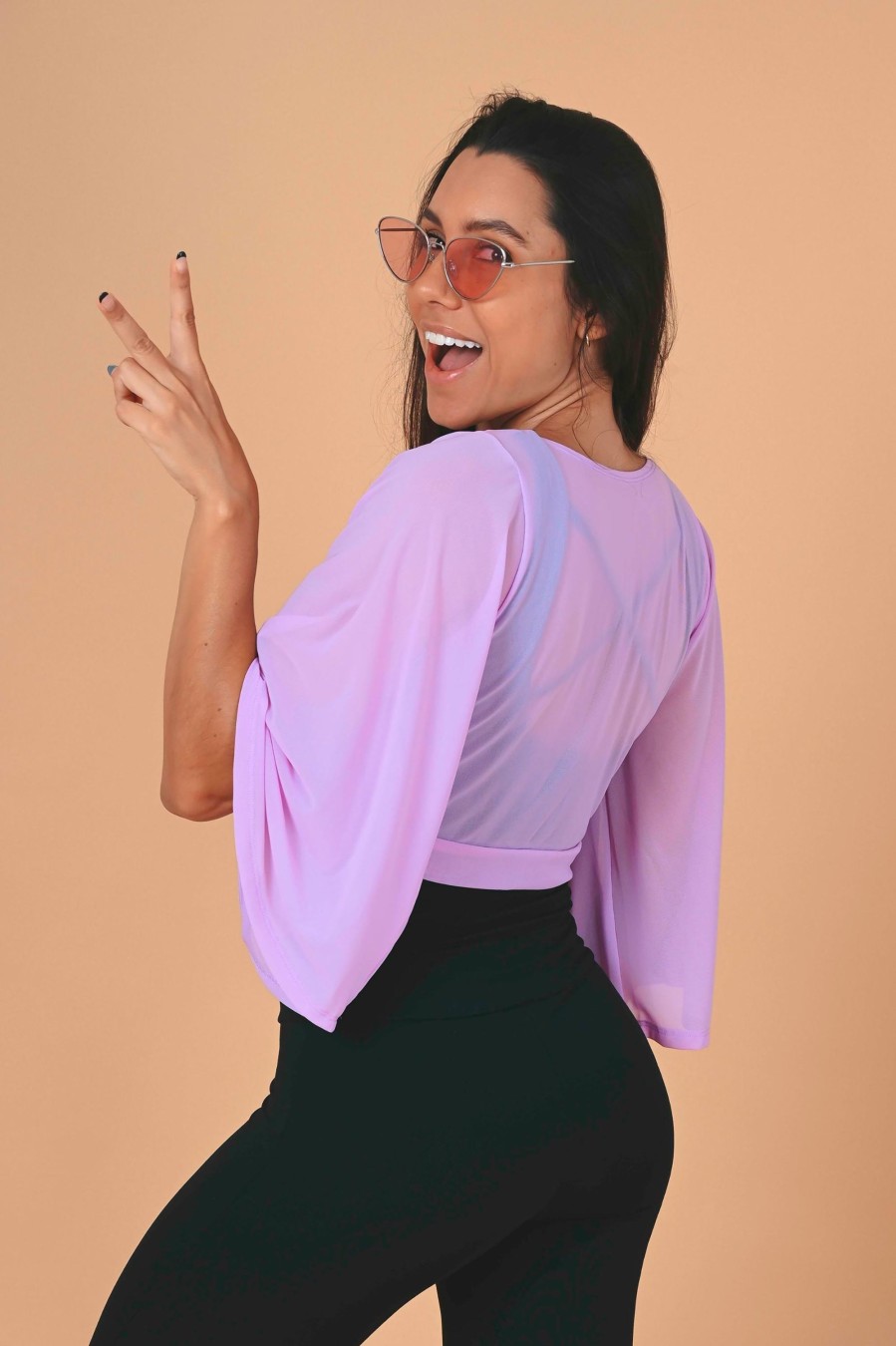 Women R2W BLOUSE | Pastel Purple Net - Reversible Wrap Blouse W/ Long Bell Sleeves