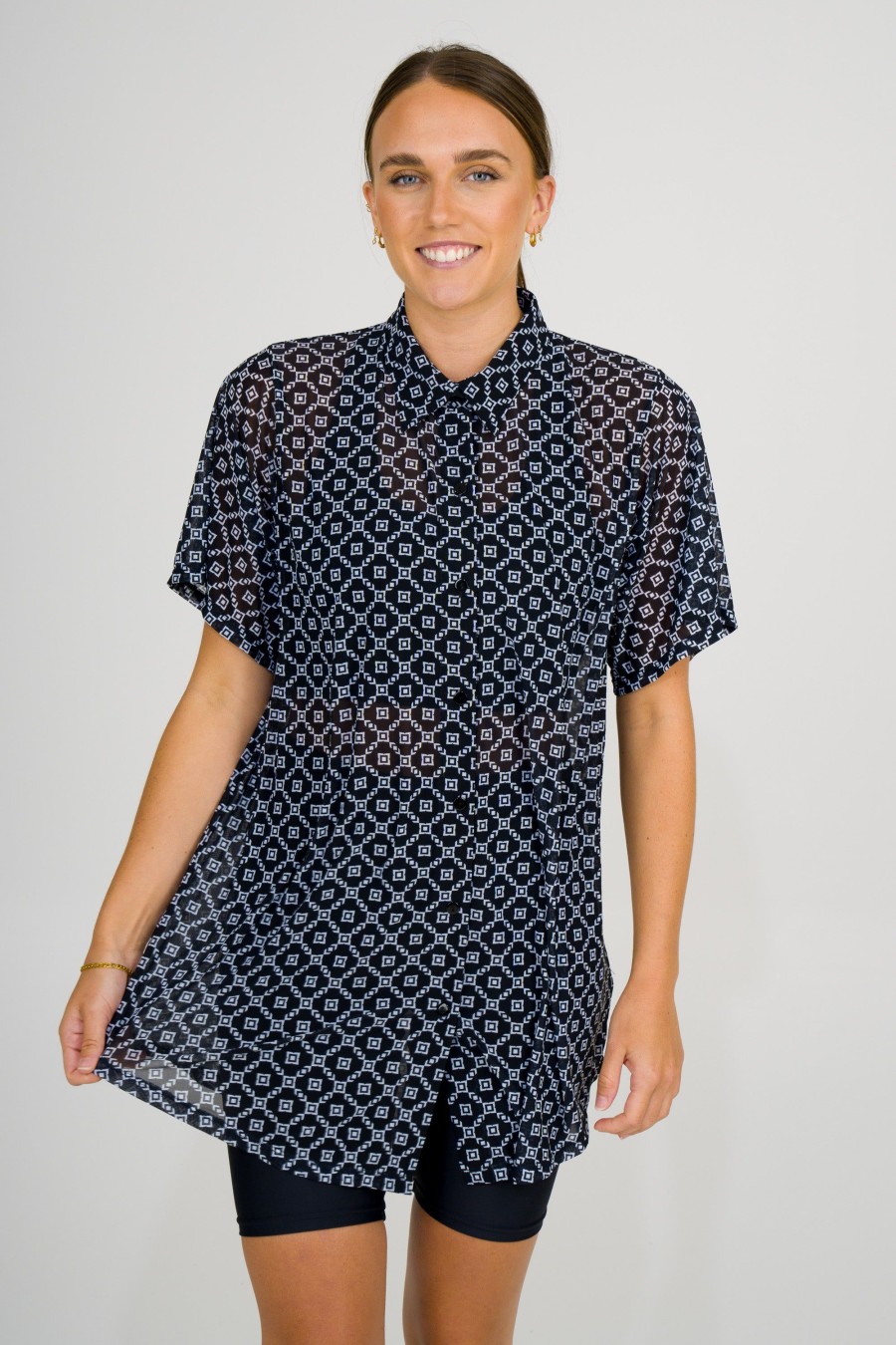 Women R2W BUTTON UP BOYFRIEND TEE | Monogram Black Net - Button Up Boyfriend Tee