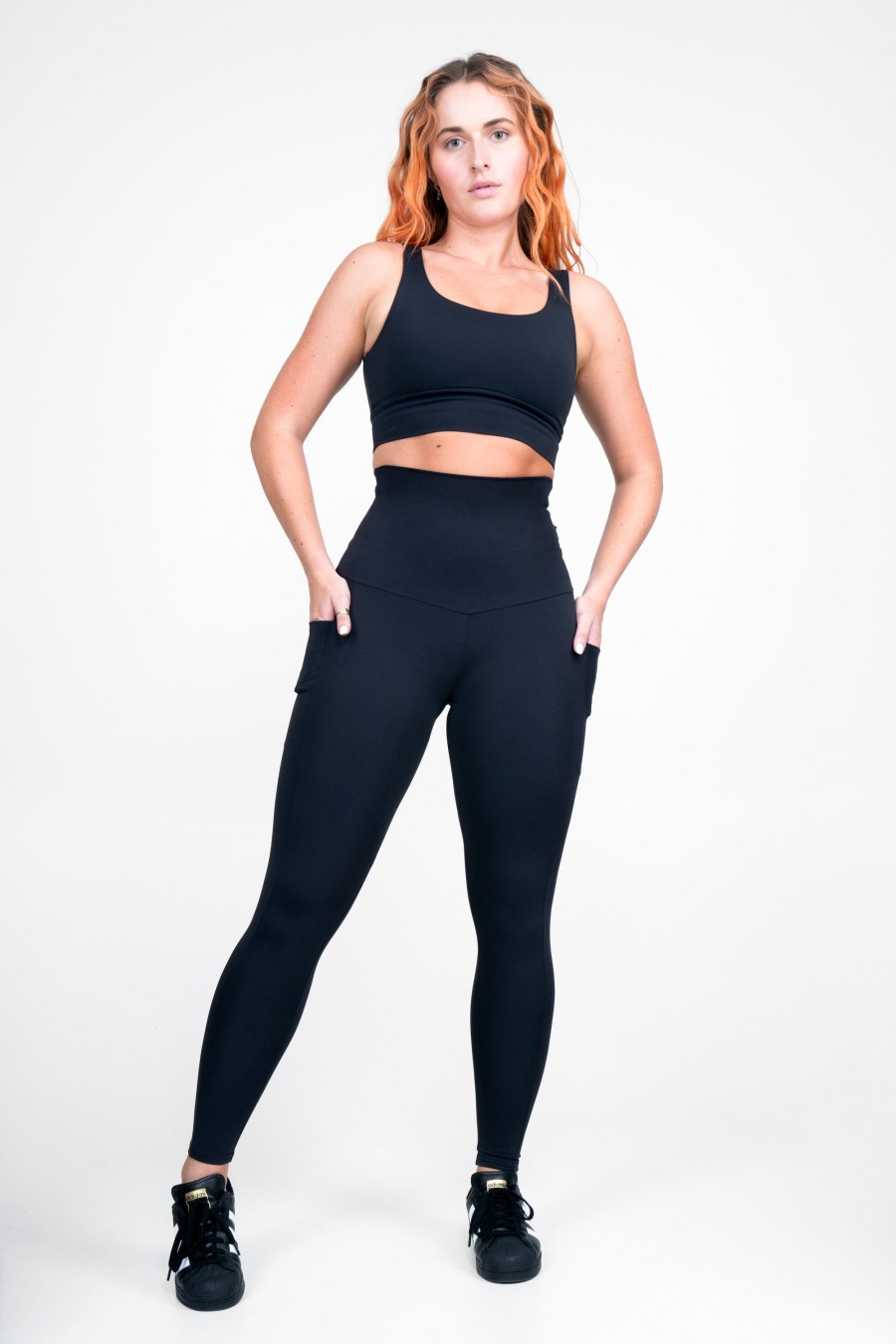 Women R2W LEGGINGS | Black Body Contouring - Panel Pocket Extra High Waisted Leggings