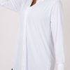 Women R2W BUTTON UP BOYFRIEND TEE | White Slinky Silky - Long Sleeve Button Up Boyfriend Tee