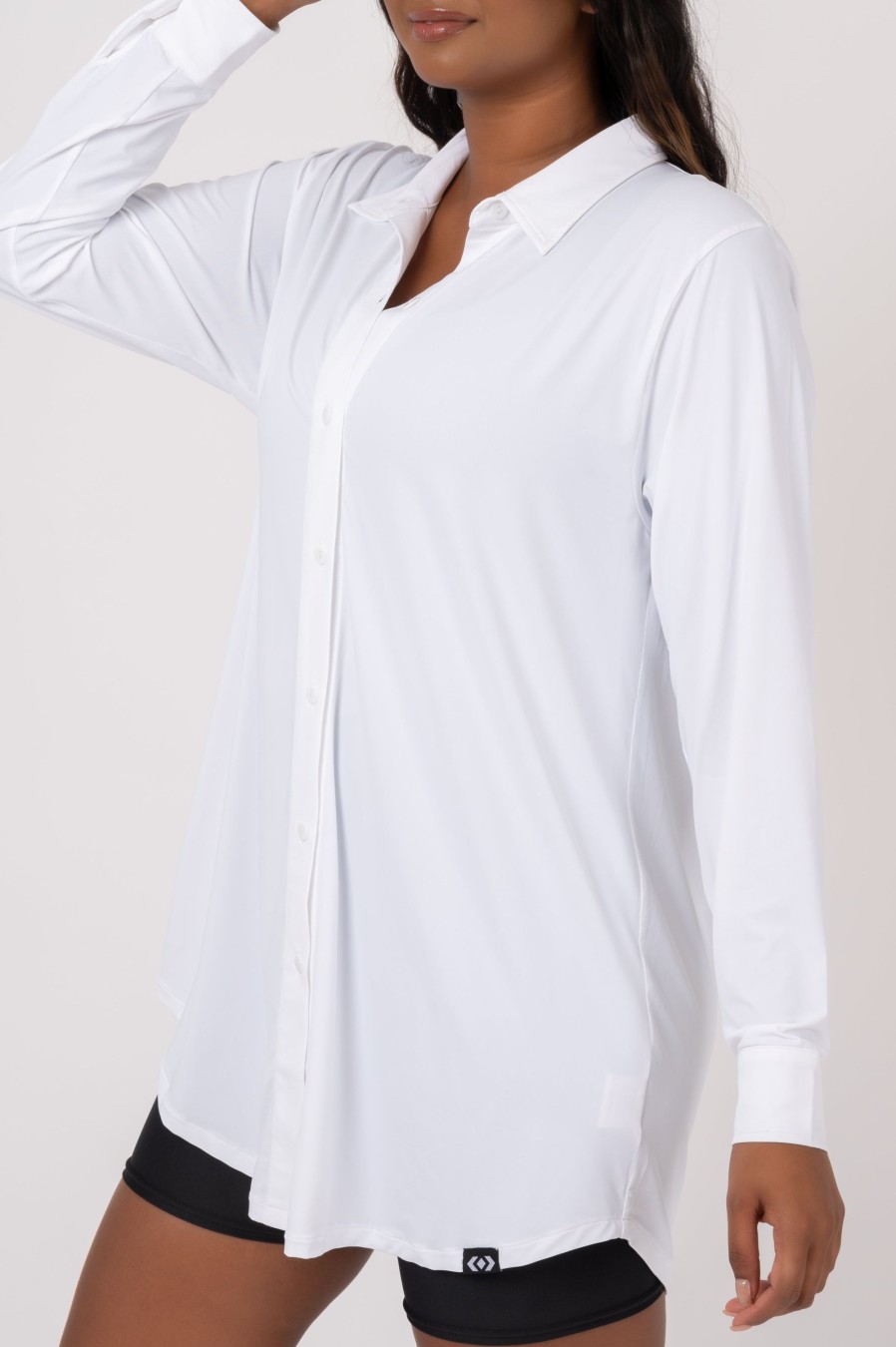 Women R2W BUTTON UP BOYFRIEND TEE | White Slinky Silky - Long Sleeve Button Up Boyfriend Tee