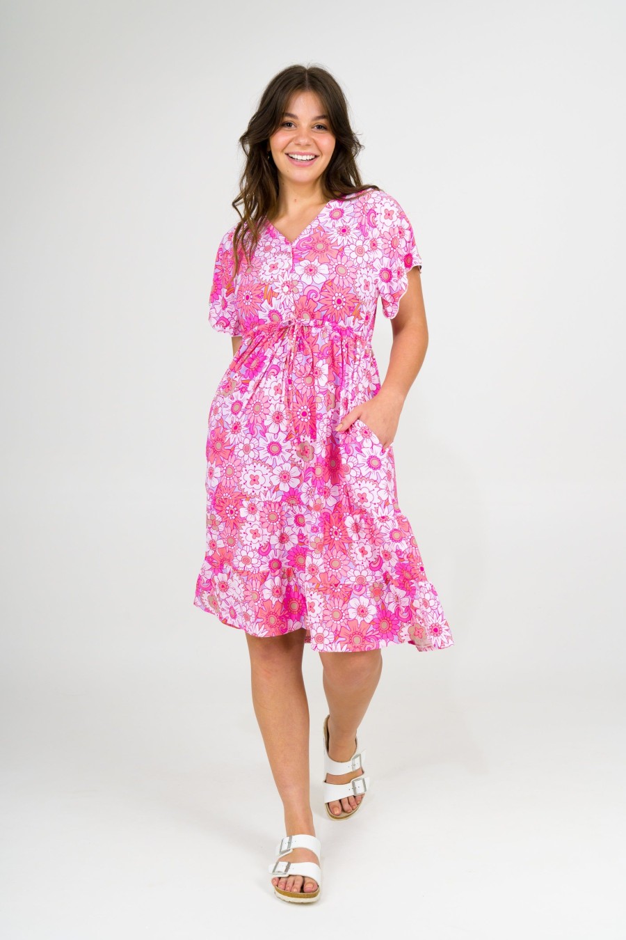 Women R2W DRESS | Serendipity Pink Slinky Silky - Button Up Drawstring Midi Dress