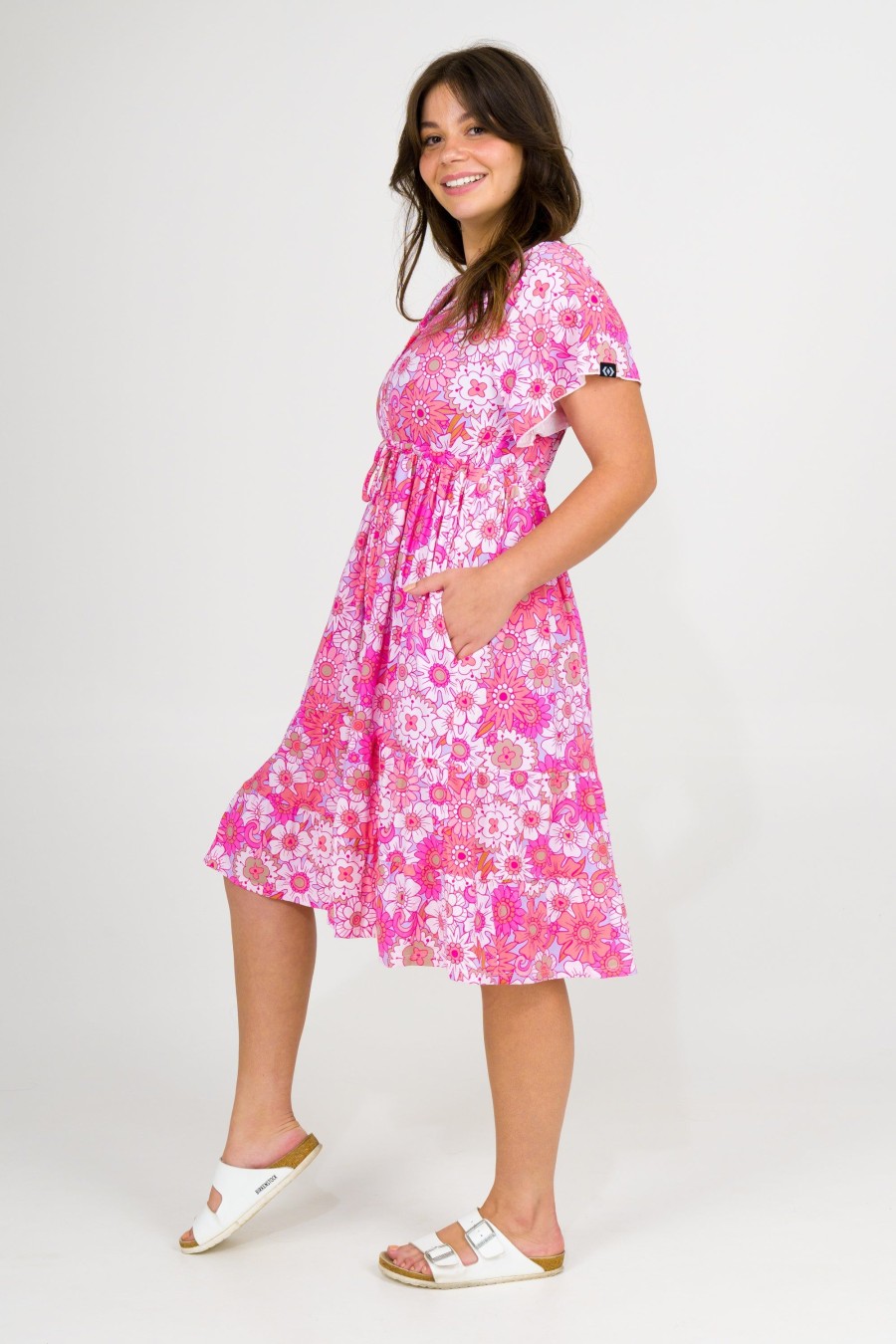 Women R2W DRESS | Serendipity Pink Slinky Silky - Button Up Drawstring Midi Dress