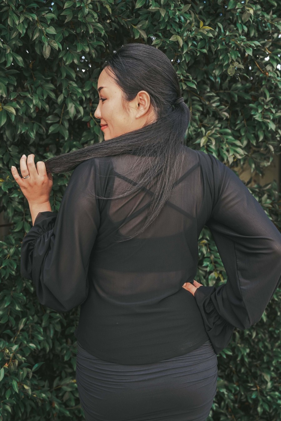 Women R2W BLOUSE | Black Net Mesh - Boss Bish Blouse W/ Poet Sleeve