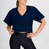 Women R2W BOYFRIEND TEE CROPPED | Dark Navy Bball Mesh - V Neck Exotica Black Embroidered Cropped Boyfriend Tee