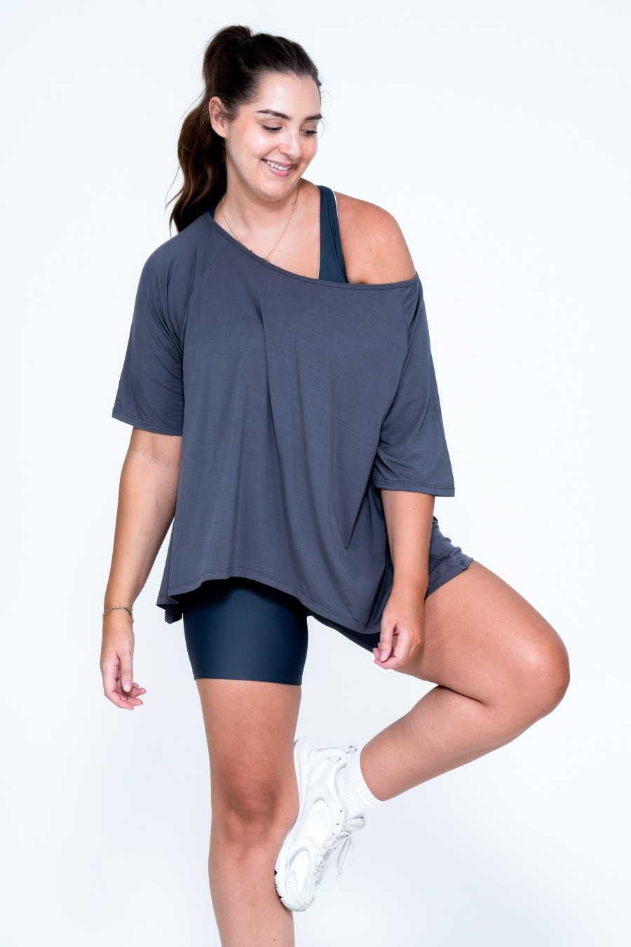 Women R2W OFF THE SHOULDER TEE | Dark Charcoal Slinky To Touch - Off The Shoulder Tee