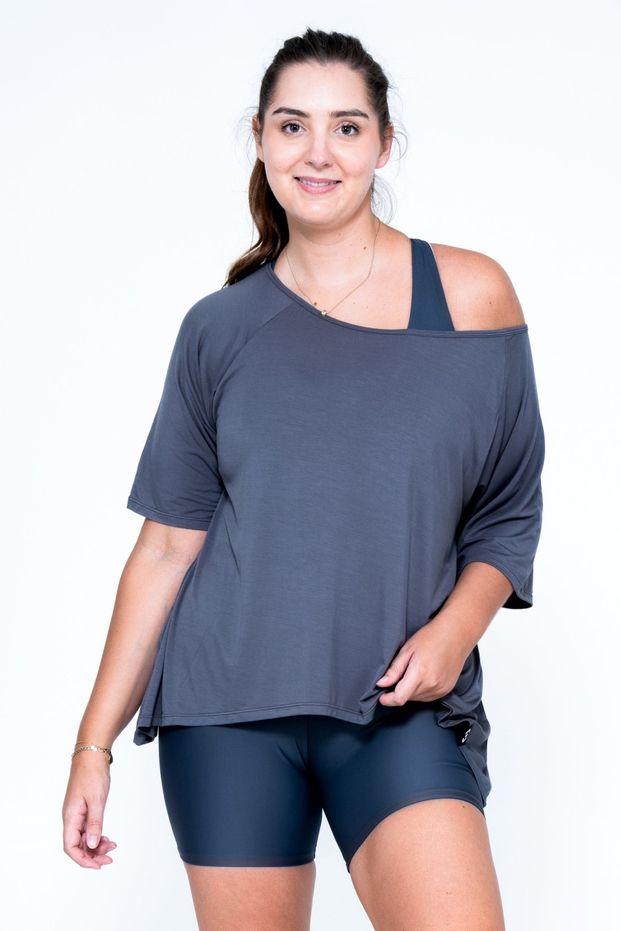 Women R2W OFF THE SHOULDER TEE | Dark Charcoal Slinky To Touch - Off The Shoulder Tee