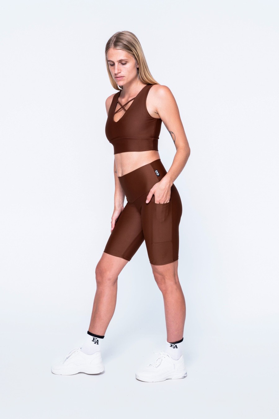 Women R2W LONG SHORTS | Chocolate Performance - Panel Pocket High Waisted Long Shorts