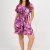 Women R2W DRESS | Bloom Bloom Slinky Silky - Button Up Drawstring Mini Dress