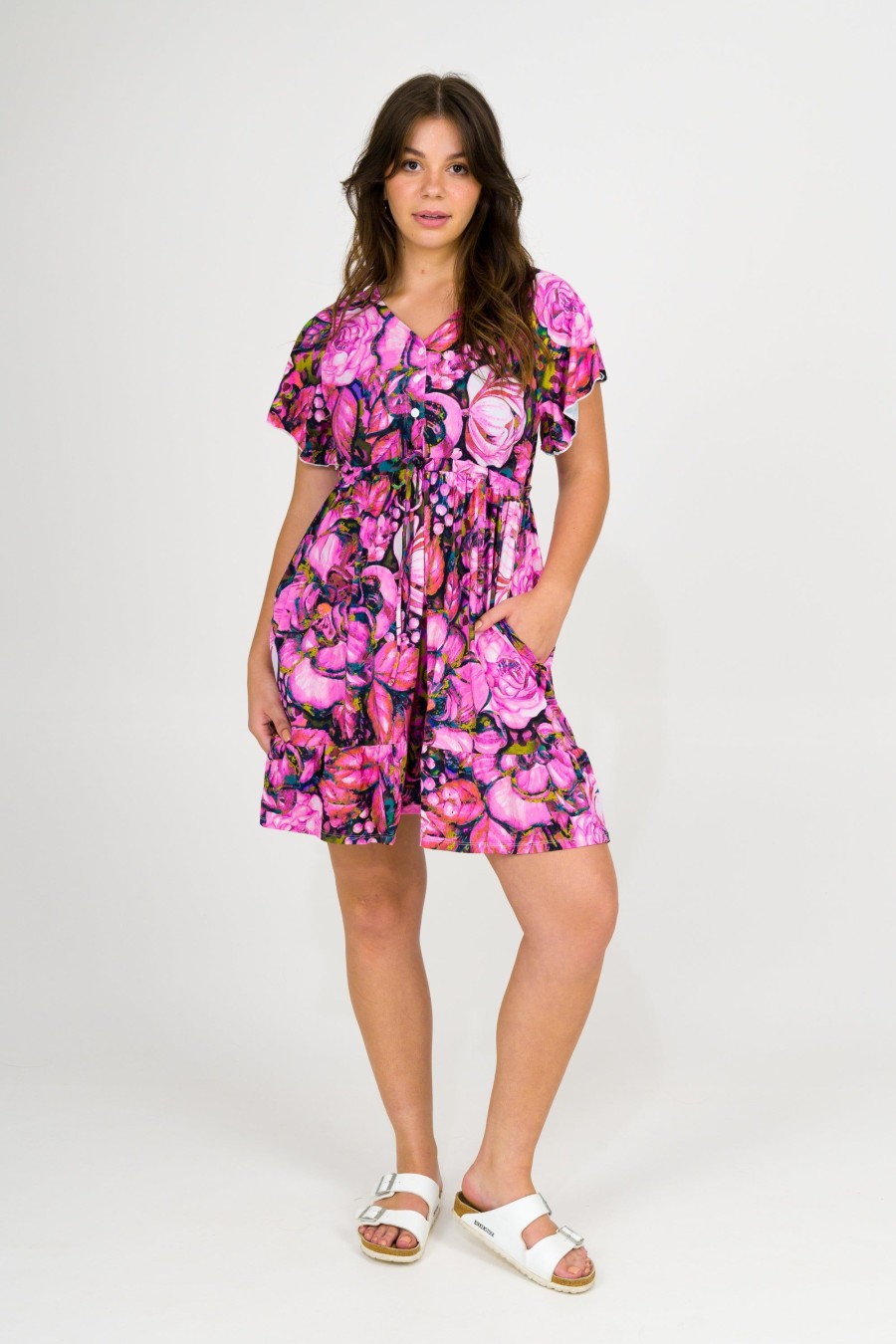 Women R2W DRESS | Bloom Bloom Slinky Silky - Button Up Drawstring Mini Dress