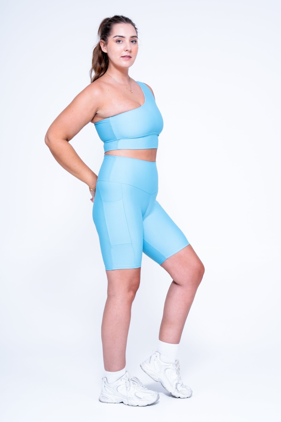 Women R2W LONG SHORTS | Dusty Pale Blue Performance - Panel Pocket High Waisted Long Shorts