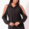 Women R2W BLOUSE | Black Slinky Silky - Button Up Cold Shoulder Boyfriend Tee