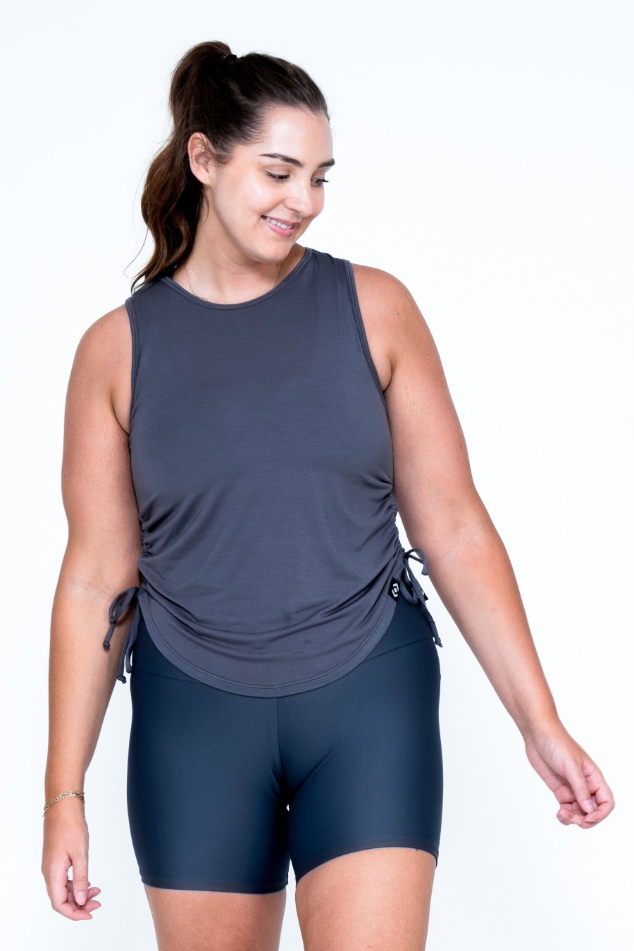 Women R2W TANK TOP | Dark Charcoal Slinky To Touch - Muscle Back Tank W/ Cinched Sides