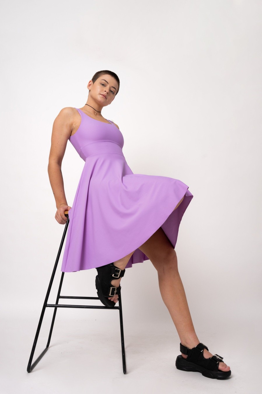 Women R2W DRESS | Pastel Purple Performance - Scoop Neck Comfort Crop Midi Dress