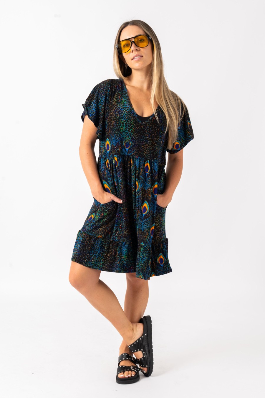 Women R2W DRESS | Rock Around The Peacock Slinky To Touch - Baby Doll V Neck Tiered Mini Dress