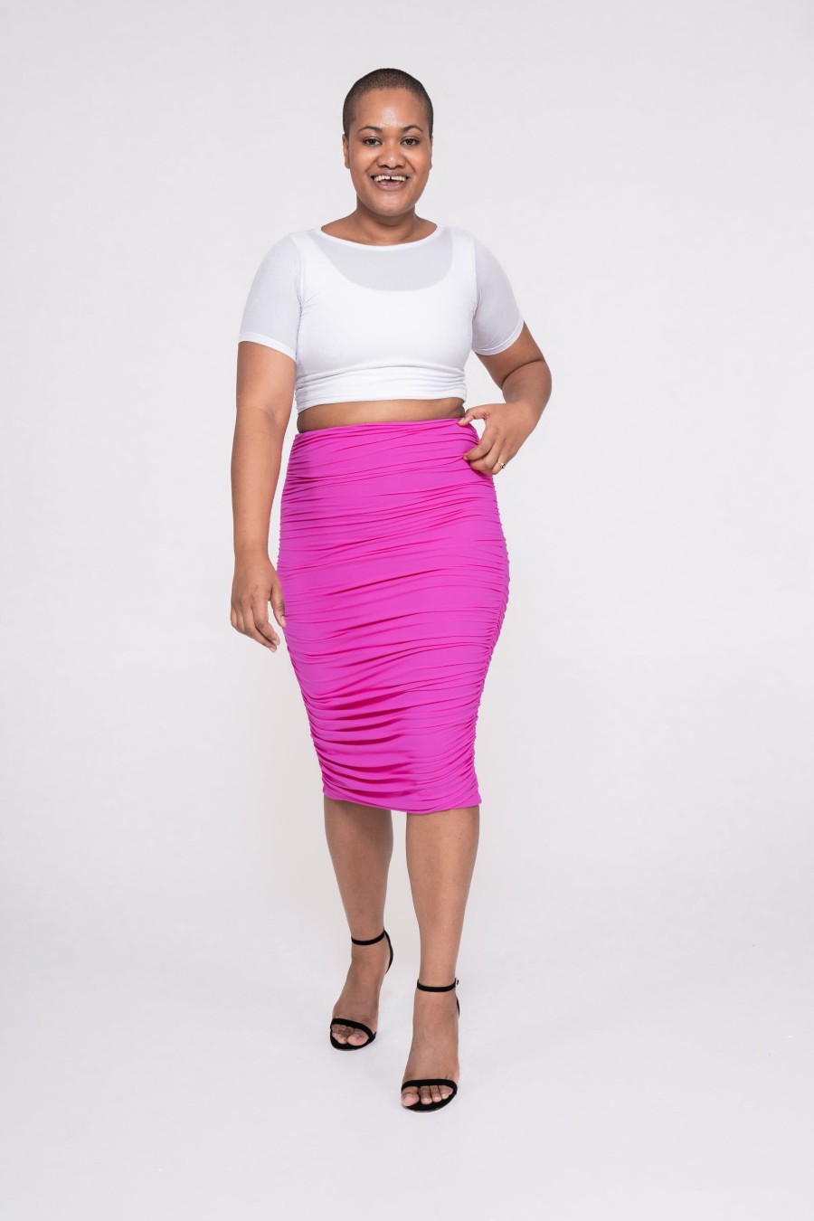 Women R2W SKIRTS | Pink Soft To Touch - Ruched Midi Skirt