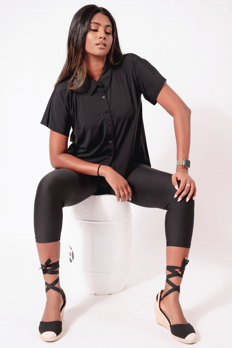 Women R2W BUTTON UP TEE | Black Slinky Silky - Button Up Tee