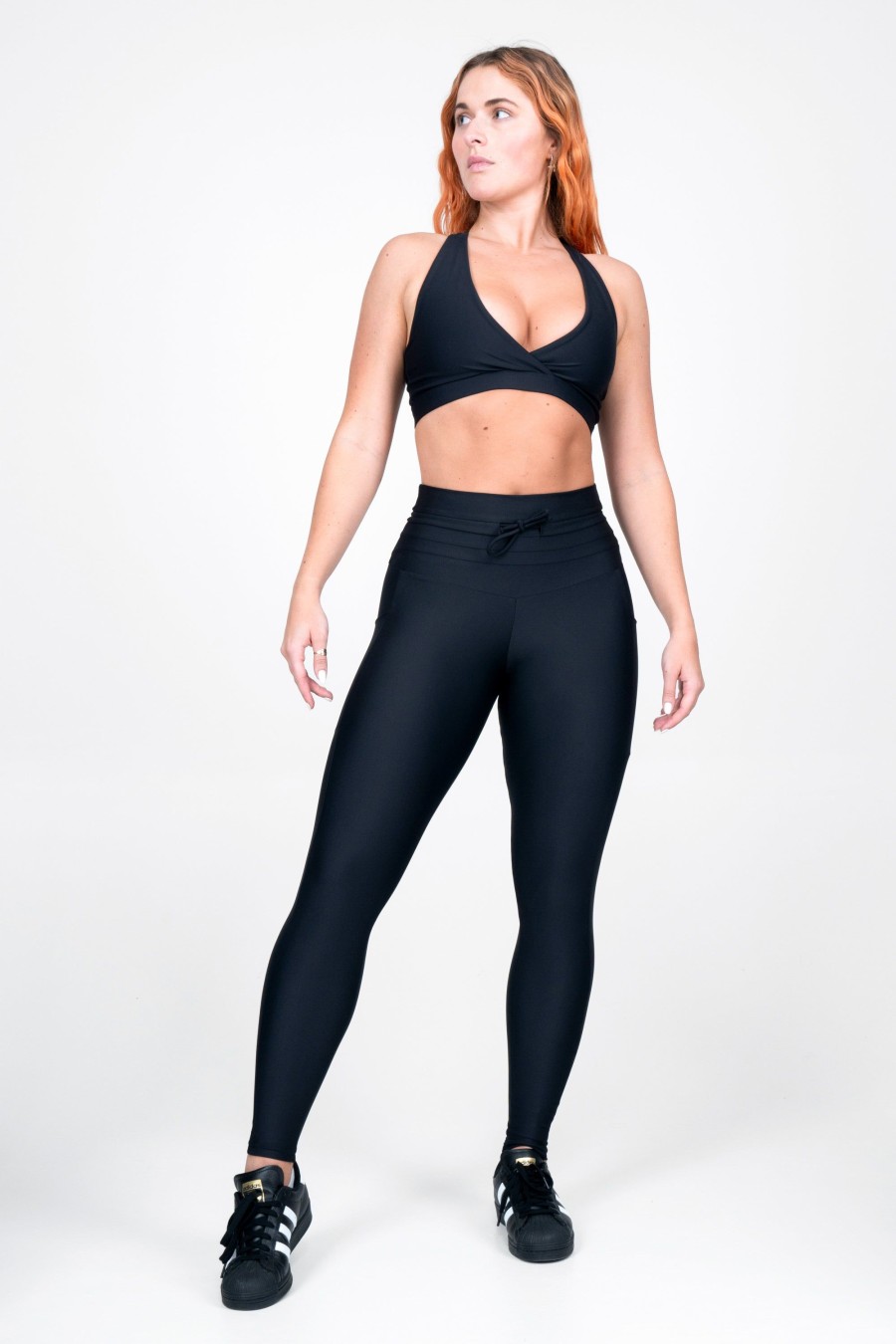 Women R2W LEGGINGS | Black Performance - Panel Pocket Drawstring High Waisted Leggings