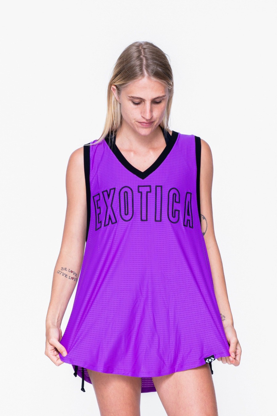 Women R2W BOYFRIEND TEE SLEEVELESS | Purple Bball Mesh - Sleeveless V Neck Exotica Black Embroidered Boyfriend Tee