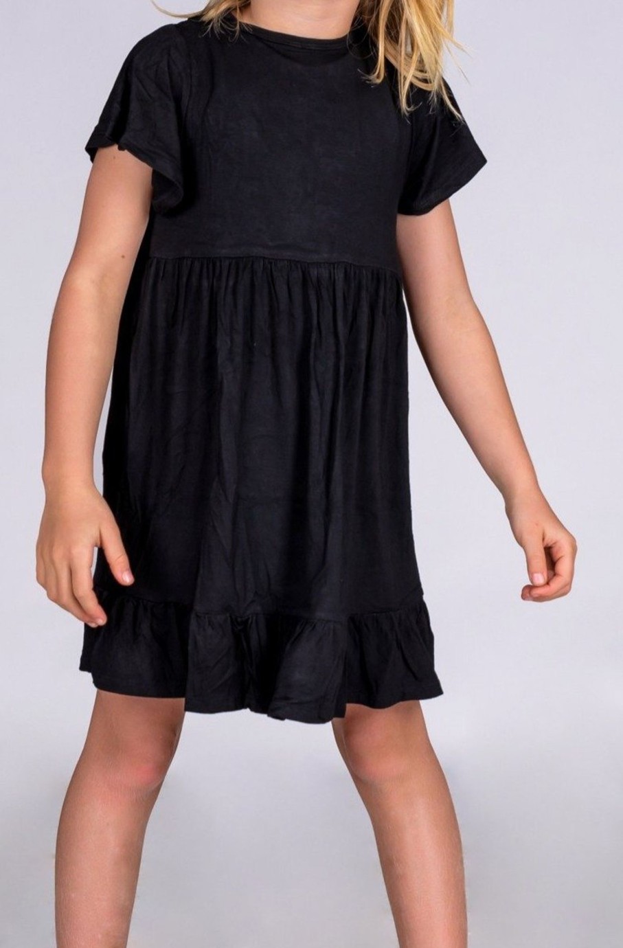 Kids R2W KIDS DRESS | Black Slinky To Touch - Kids Baby Doll Tiered Mini Dress