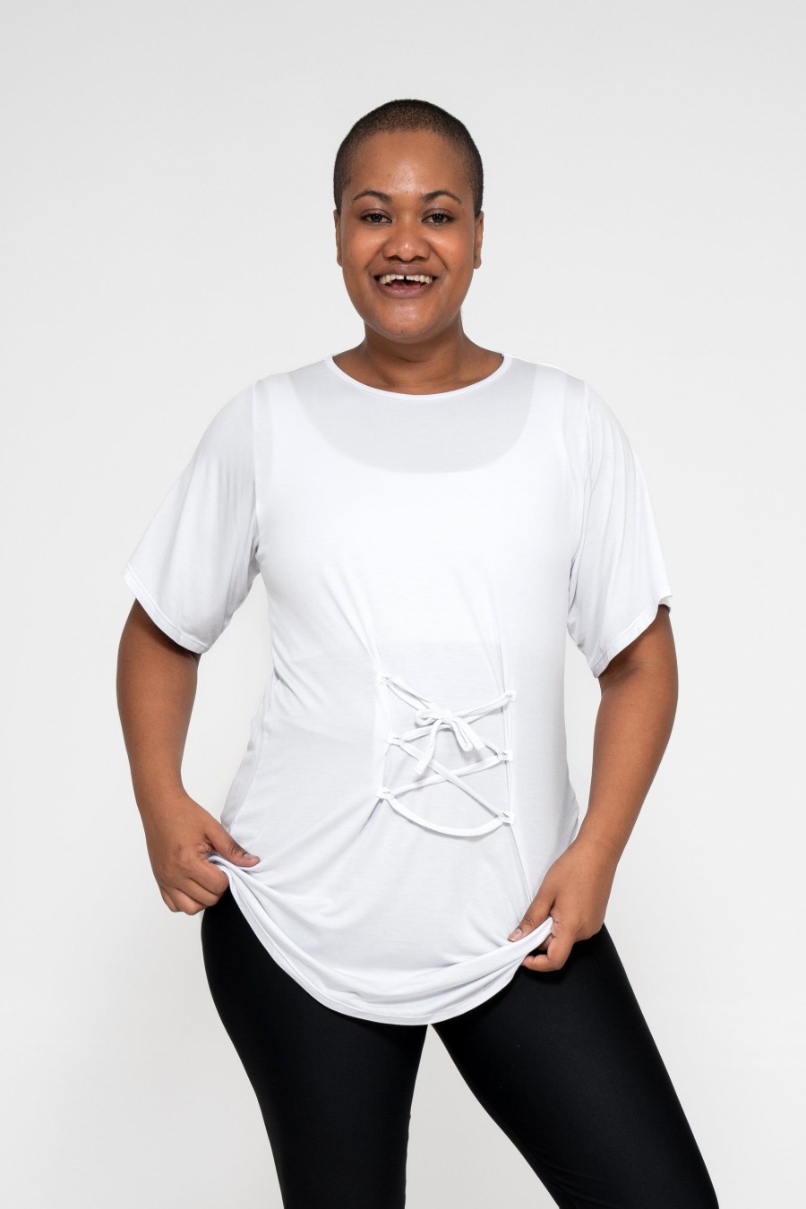 Women R2W BOYFRIEND TEE | White Slinky To Touch - Corset Front Boyfriend Tee