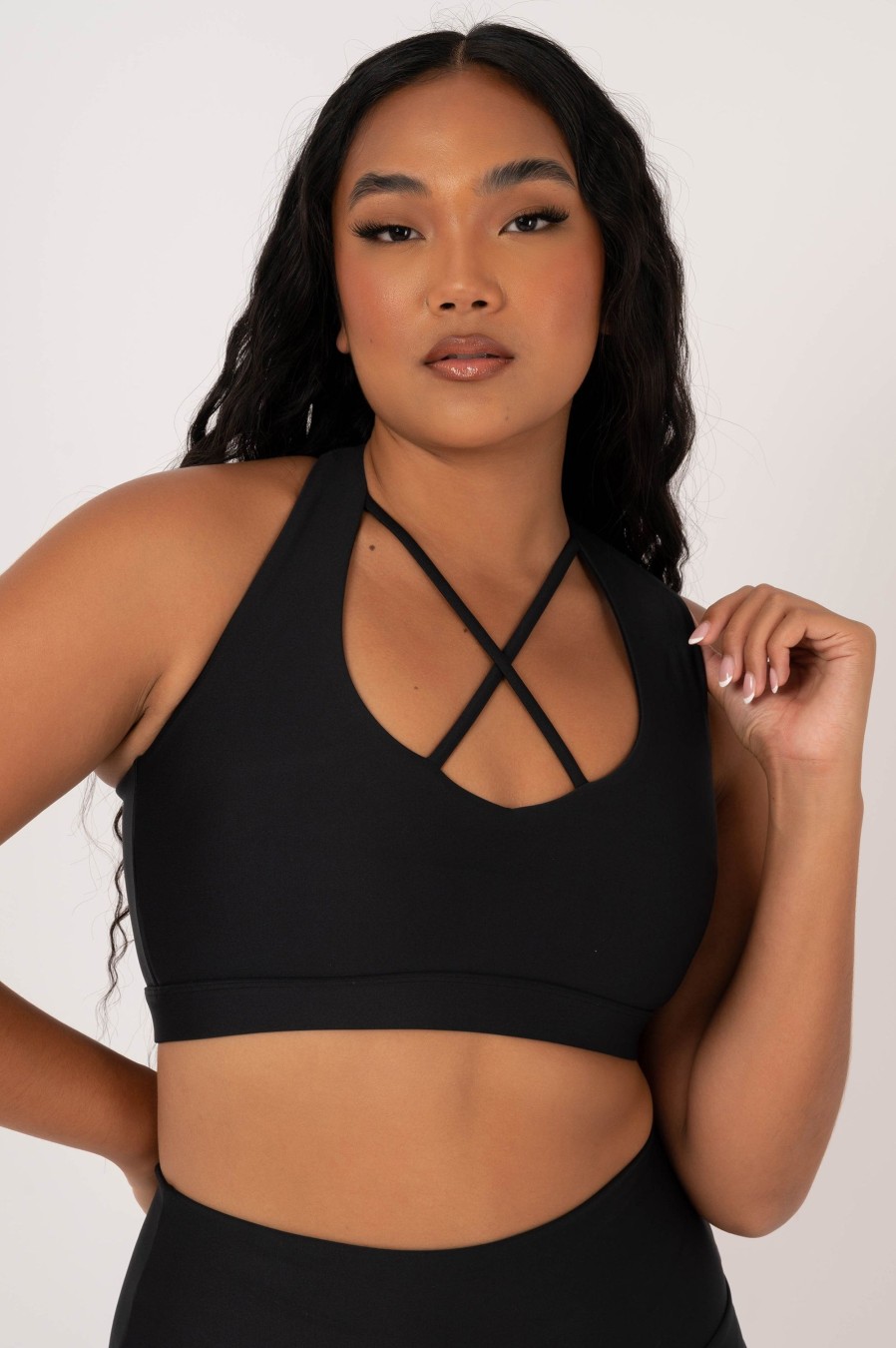 Women R2W CROP TOP | Black Performance - Deep V Cross Front Crop