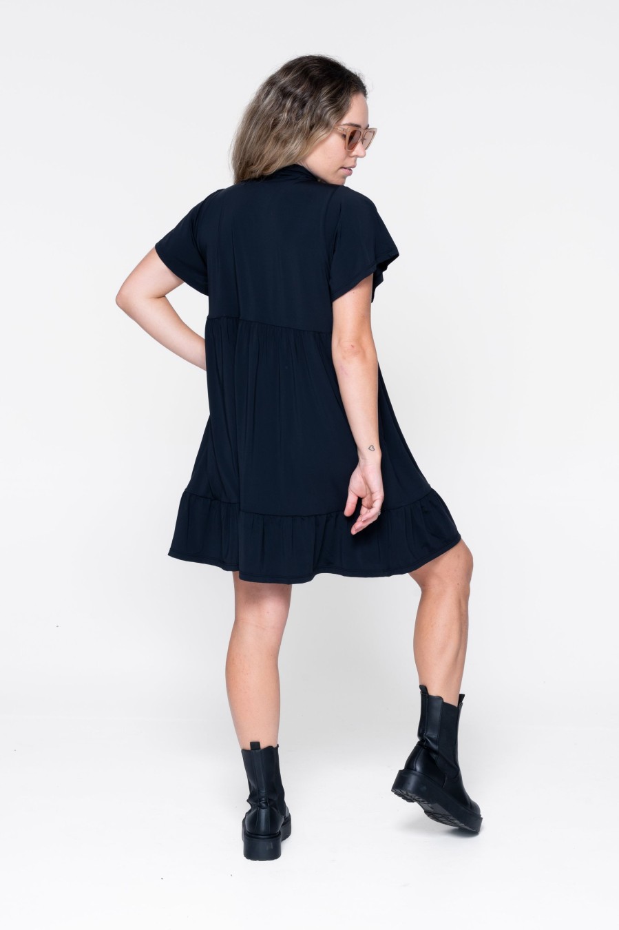 Women R2W DRESS | Black Slinky Silky - Boss Bish Tiered Mini Dress