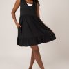 Women R2W DRESS | Black Slinky To Touch - Sleeveless Baby Doll Tiered V Neck Mini Dress