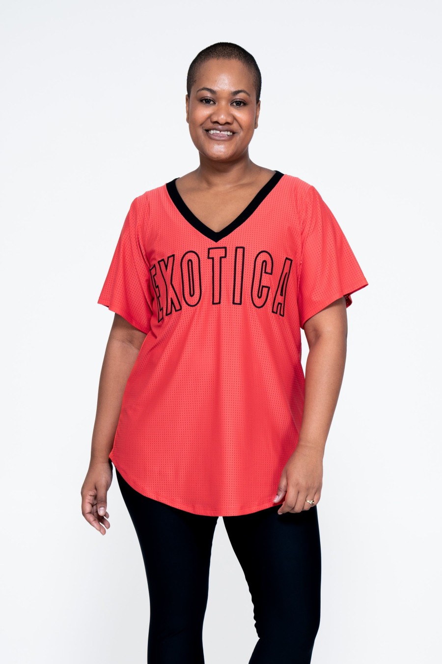 Women R2W BOYFRIEND TEE | Orange Bball Mesh - V Neck Exotica Black Embroidered Boyfriend Tee