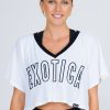 Women R2W BOYFRIEND TEE CROPPED | White Bball Mesh - V Neck Exotica Black Embroidered Cropped Boyfriend Tee