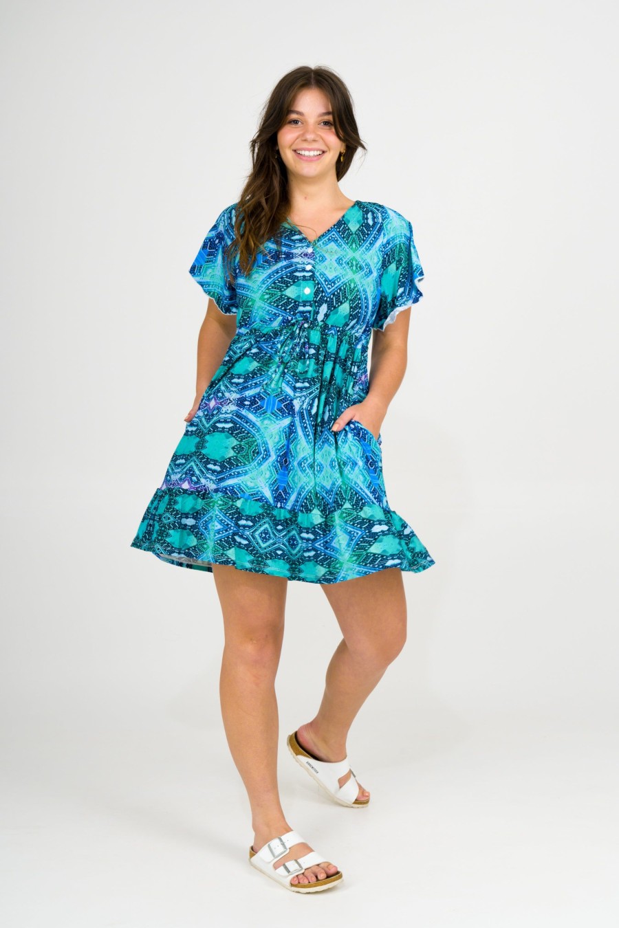 Women R2W DRESS | Enchantment Aqua Slinky Silky - Button Up Drawstring Mini Dress