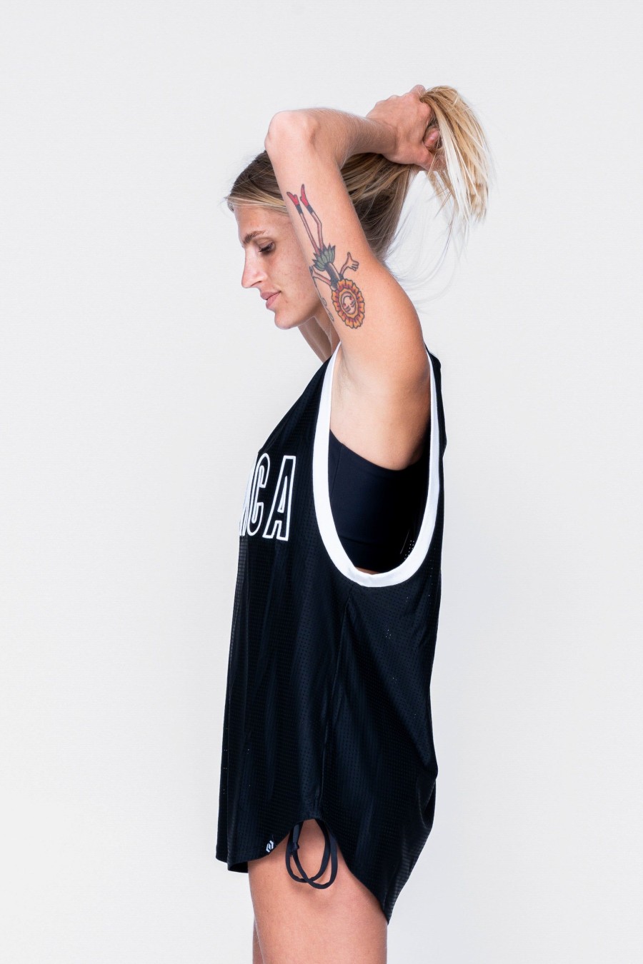 Women R2W BOYFRIEND TEE SLEEVELESS | Black Bball Mesh - Sleeveless V Neck Exotica White Embroidered Boyfriend Tee