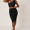 Women R2W SKIRTS | Black Body Contouring - Mesh Ruched Midi Skirt