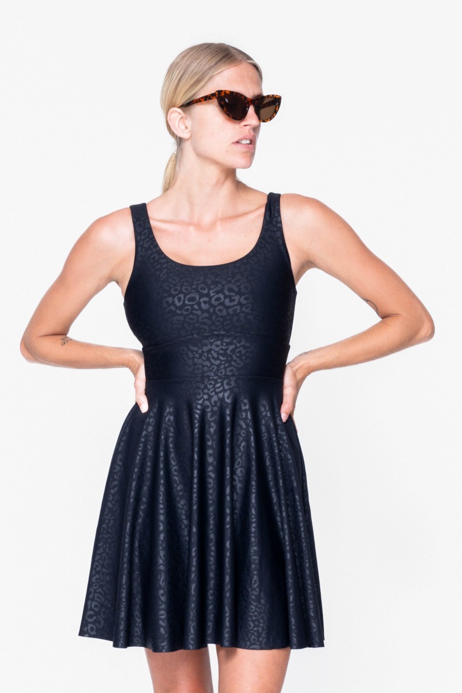 Women R2W DRESS | Black Exotic Touch Jag - Scoop Neck Comfort Crop Mini Dress