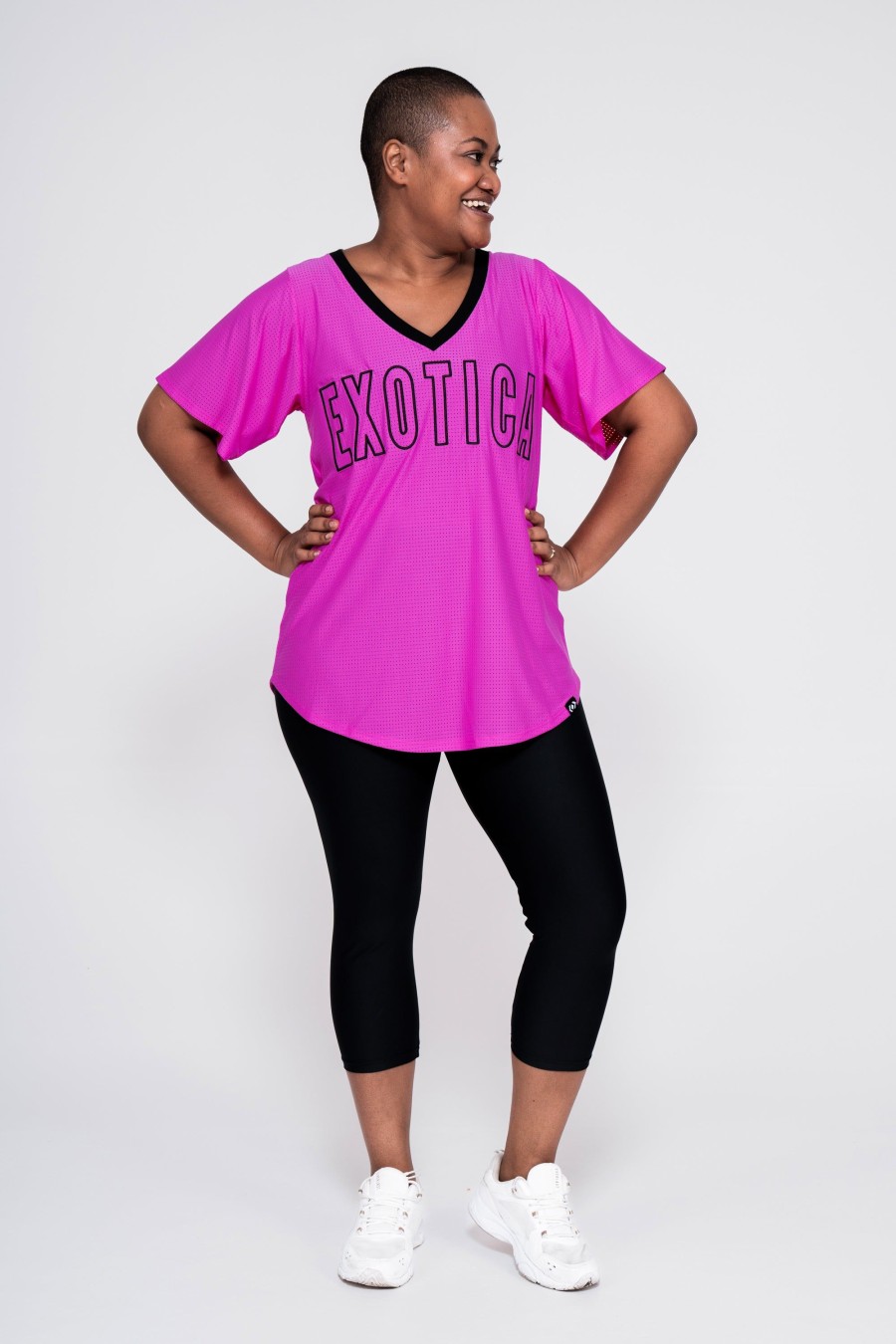 Women R2W BOYFRIEND TEE | Pink Bball Mesh - V Neck Exotica Black Embroidered Boyfriend Tee