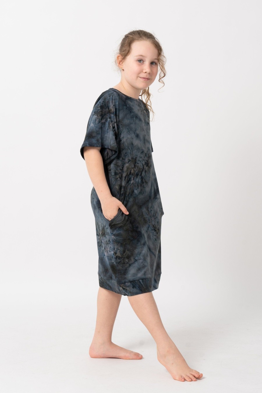 Kids R2W KIDS DRESS | Dark And Moody Tie Dye Soft To Touch - Kids Lazy Girl Dress Tee