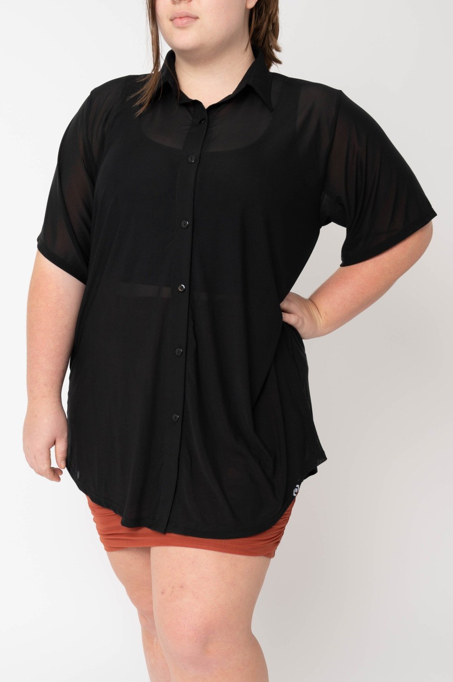 Women R2W BUTTON UP BOYFRIEND TEE | Black Net - Button Up Boyfriend Tee