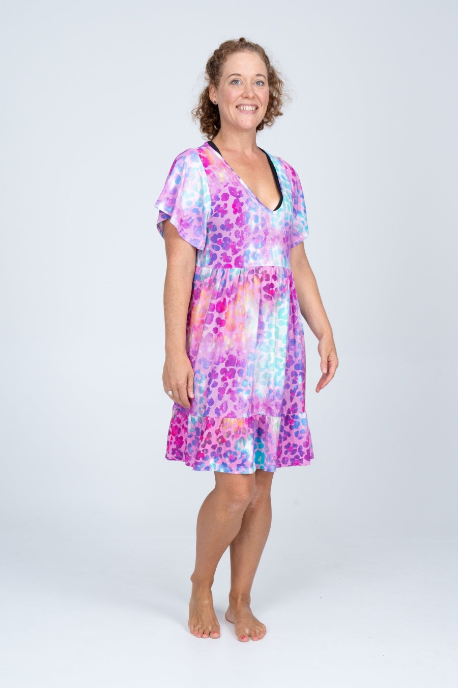 Women R2W DRESS | Rainbow Jag Slinky To Touch - Baby Doll V Neck Tiered Mini Dress