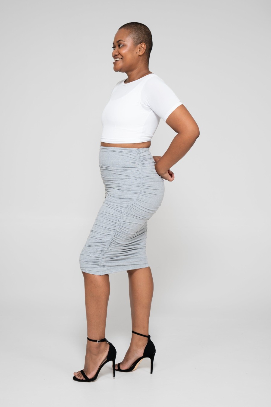 Women R2W SKIRTS | Heather Grey Soft To Touch - Ruched Midi Skirt