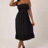 Women R2W DRESS | Black Slinky To Touch - Shirred Bandeau Midi Dress