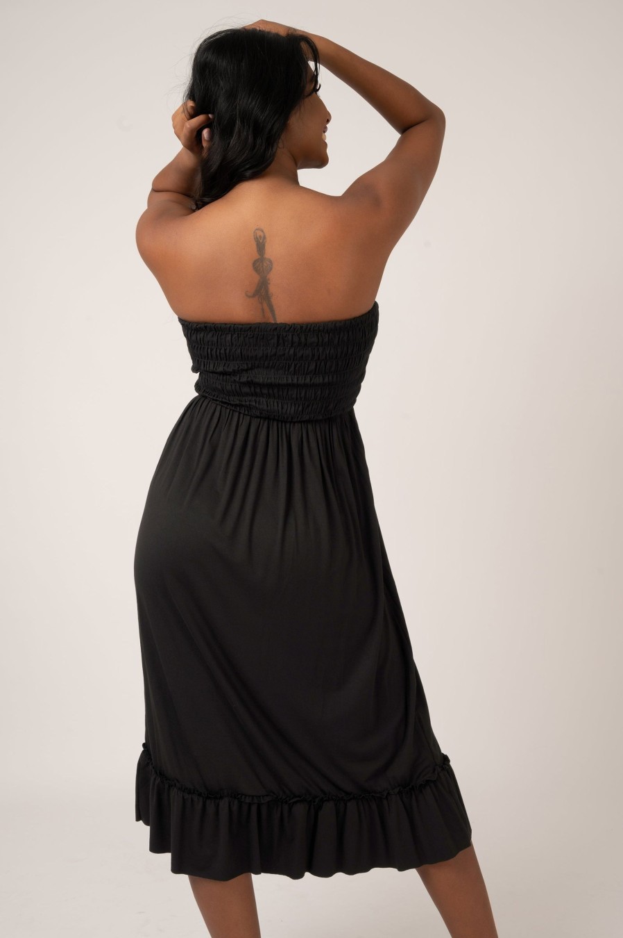 Women R2W DRESS | Black Slinky To Touch - Shirred Bandeau Midi Dress