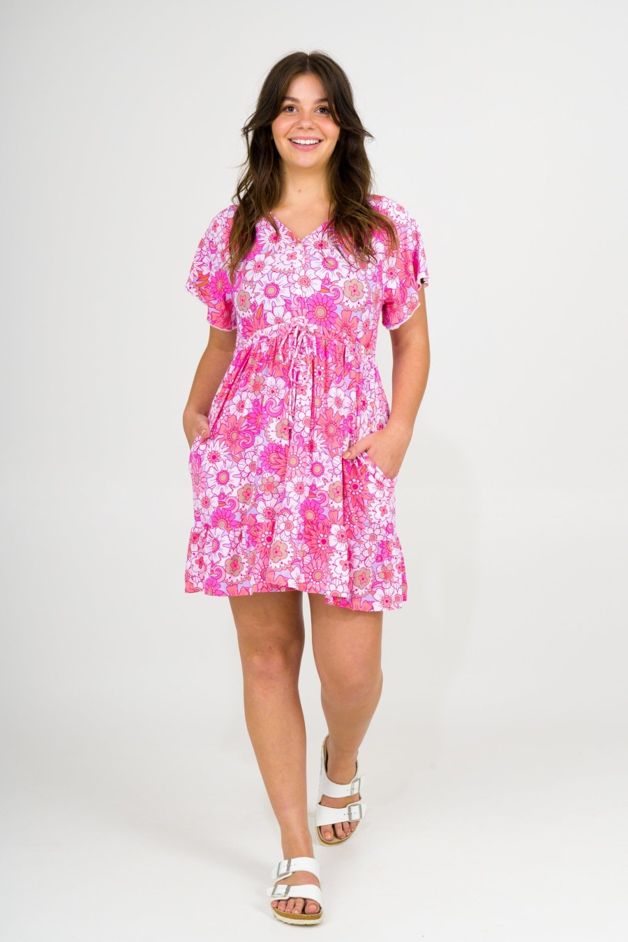 Women R2W DRESS | Serendipity Pink Slinky Silky - Button Up Drawstring Mini Dress