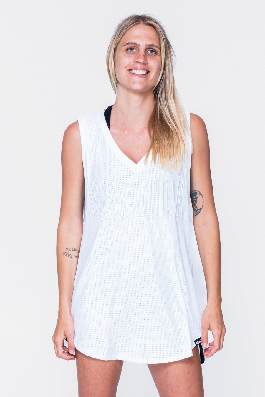 Women R2W BOYFRIEND TEE SLEEVELESS | White Bball Mesh - Sleeveless V Neck Exotica White Embroidered Boyfriend Tee