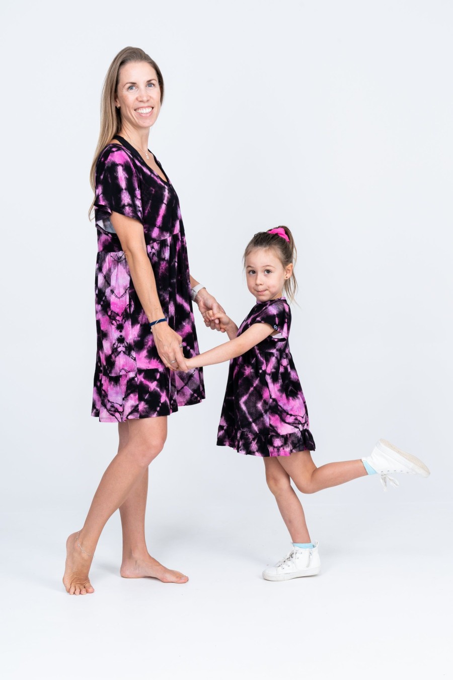 Women R2W DRESS | Diamond Pink Tie Dye Slinky To Touch - Baby Doll V Neck Tiered Mini Dress