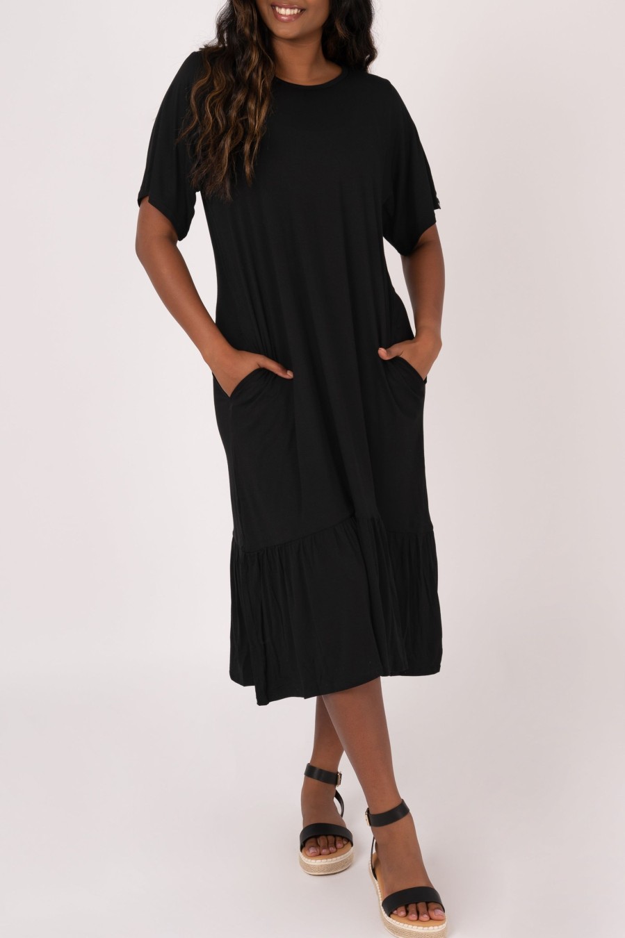 Women R2W DRESS | Black Slinky To Touch - Lazy Girl Ruffle Dress